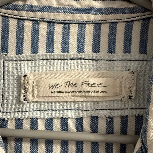 FREE PEOPLE DISTRESSED RAILROAD STIPE BUTTON DOWN - Picture 2 of 6